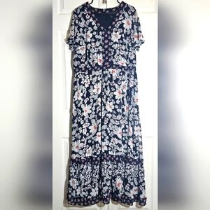 Lane‎ Bryant Floral Print Flutter Sleeve Vneck Dress 18 Plus Maxi Tiered Blue